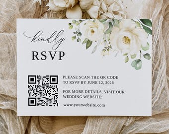 Biały kwiatowy ślub kod QR RSVP, szablon kodu QR, RSVP z kodem QR, karta odpowiedzi, RSVP online, B36