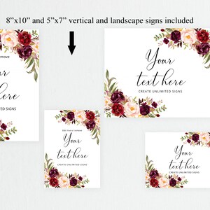 Peut inclure: Panneaux imprimables blancs avec des coins floraux bordeaux, cr&egrave;me et verts. Les panneaux incluent le texte "Your text here" et "Create unlimited signs". Tailles : 20x25 et 13x18 cm.