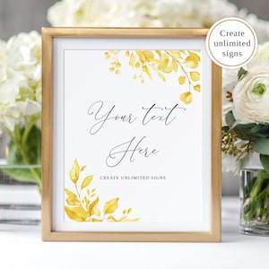 Signo editable de boda amarillo, edítelo usted mismo, plantilla de signo de boda personalizada, signos imprimibles de signo de boda floral, Templett B154