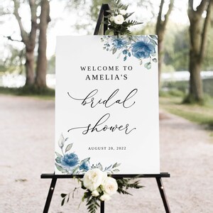 Dusty Blue Bridal Shower Welcome Sign Template, Blue Floral Bridal Shower Welcome Sign, Bridal Brunch, Bachelorette Party, Templett, #B97