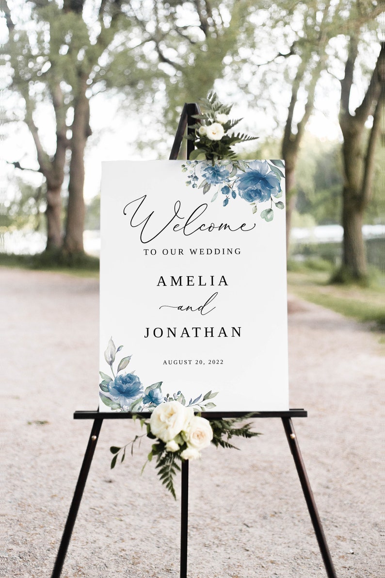 Printable Wedding Sign #B97 Dusty Blue Wedding Welcome Sign Template Templett Blue Floral Wedding Welcome Sign