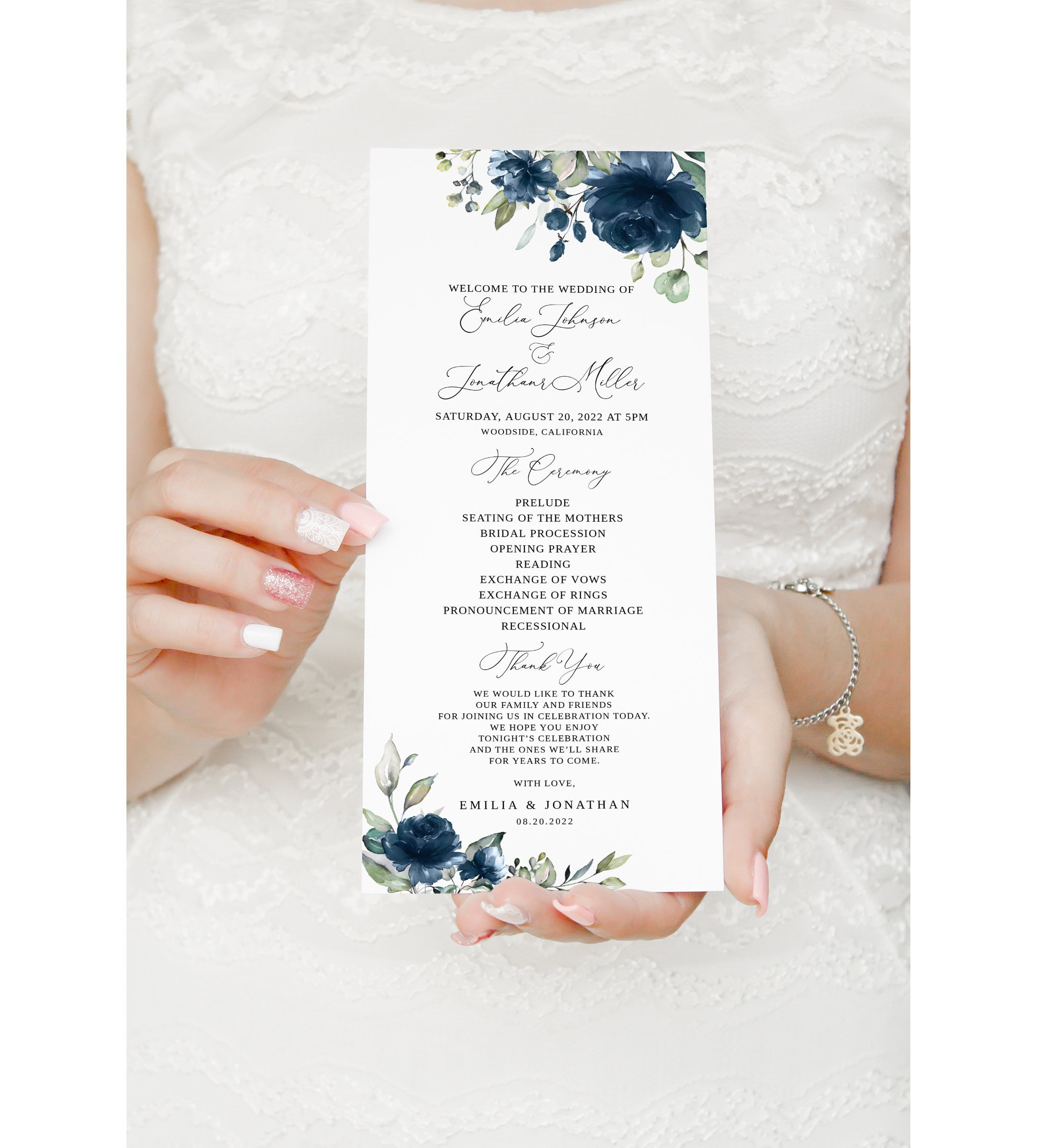 Navy Wedding Program Template, Blue Wedding Program, Floral Wedding Program Printable, Boho Wedding Program, Templett, #B34