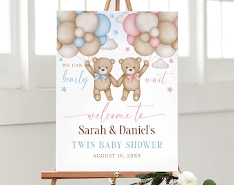 Editable Twin Boy and Girl Baby Shower Welcome Sign, Blue and Pink Teddy Bear Baby Shower Sign, Twins Baby Shower We Can Bearly Wait, B181