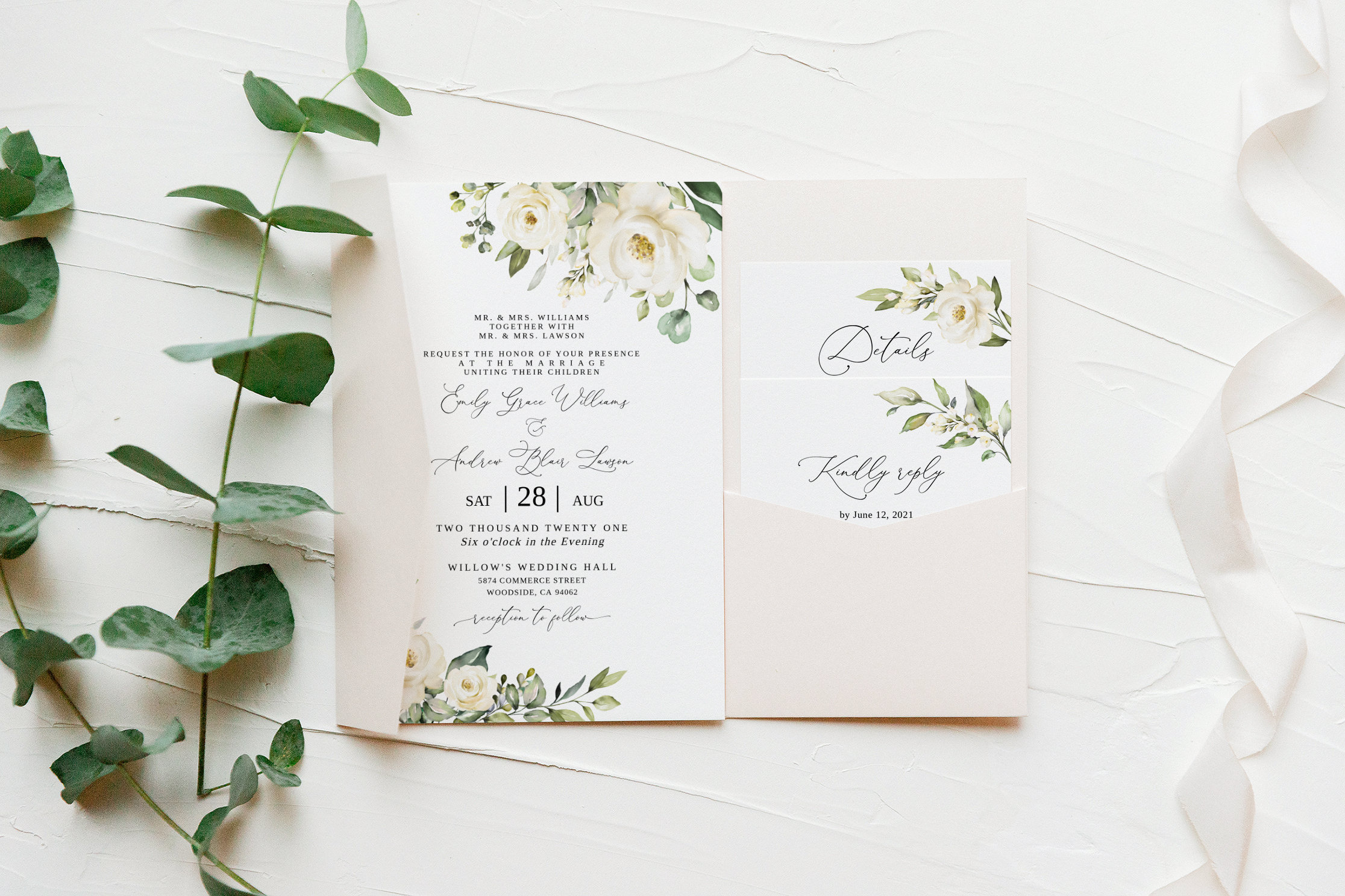 White Floral Wedding Invitation Suite, White Roses Wedding Invitation Template, Editable Invitation Set, Templett, #B36