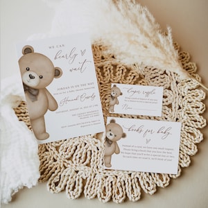 Editable Teddy Baby Shower Invitation Bundle, Gender Neutral Baby Shower Invitation Bear Books for Baby Diaper Raffle Tickets B212