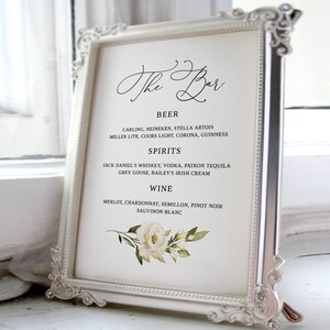Wedding Bar Sign, The Bar Wedding Sign, Wedding Bar Menu Sign, Wedding Drinks Sign, Editable Template, White Flowers, Templett, #B36