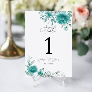 Numéros de table de mariage bleu sarcelle, modèle de numéro de table turquoise, carte de table, numéros de table modifiables, Templett, #B143