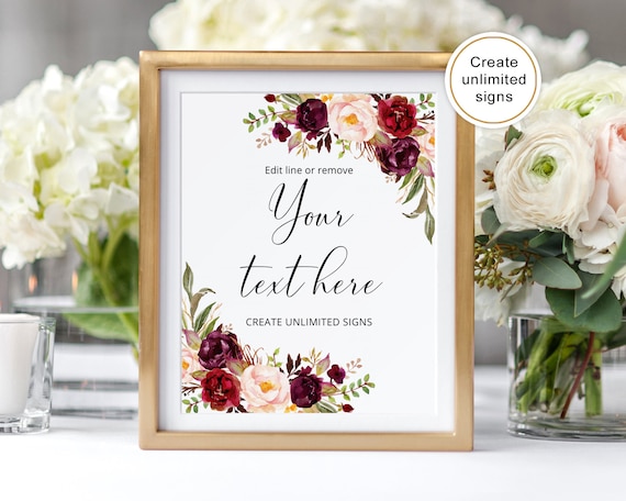 Editable Burgundy Floral Wedding Sign Template (Templett)