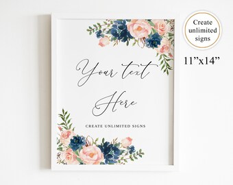 Navy and Blush Wedding Editable Sign, Custom Sign Template, Edit Yourself, Custom Wedding Sign Template, 11x14 inches, Templett, #B68