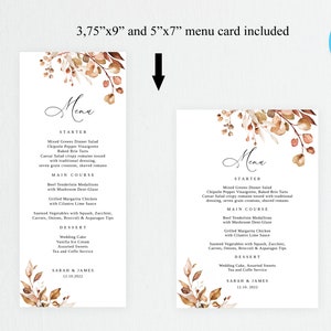 May include: Two printable wedding menu cards featuring a watercolour floral design in shades of brown and beige. The text on the cards reads "Menu", "Starter", "Main Course", "Dessert", "Sarah & James", and "12.18.2022".