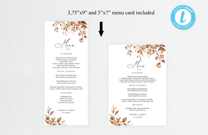 May include: Two printable wedding menu cards featuring a watercolour floral design in shades of brown and beige. The text on the cards reads "Menu", "Starter", "Main Course", "Dessert", "Sarah & James", and "12.18.2022".
