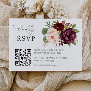 Réponse de code QR pour mariage Bordeaux Blush, modèle de mariage avec code Qr, RSVP avec code QR, carte de réponse florale, réponse en ligne, B82