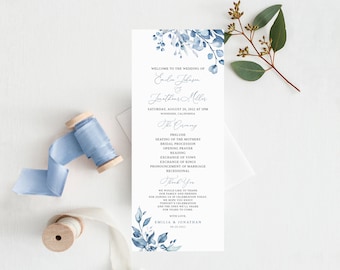 Dusty Blue Wedding Program Template, Floral Wedding Program Printable, Templett, #B63