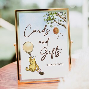 Tekensjabloon Winnie de Pooh-babyshowerkaarten en -cadeaus, tafelbord Winnie de Poeh-cadeau, aangepast neutraal babyshowerbord bewerkbaar B190