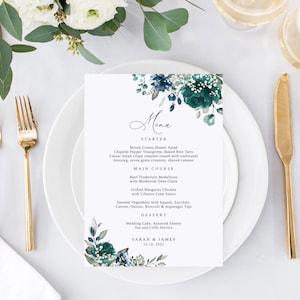 Modèle de menu de mariage bleu sarcelle, Menu de mariage bleu sarcelle, Menu de mariage floral imprimable, Menu de mariage Boho, Templett, # B167