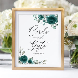 Teal Wedding Cards and Gifts Sign, Turquoise Wedding Cards and Gifts Sign, Printable Wedding Signs, Blue Flowers, #B38
