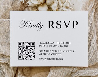 Kod QR RSVP, Szablon ślubu z kodem QR, Minimalistyczny RSVP z kodem QR, Nowoczesna karta odpowiedzi ślubnej, Karta RSVP online, B98