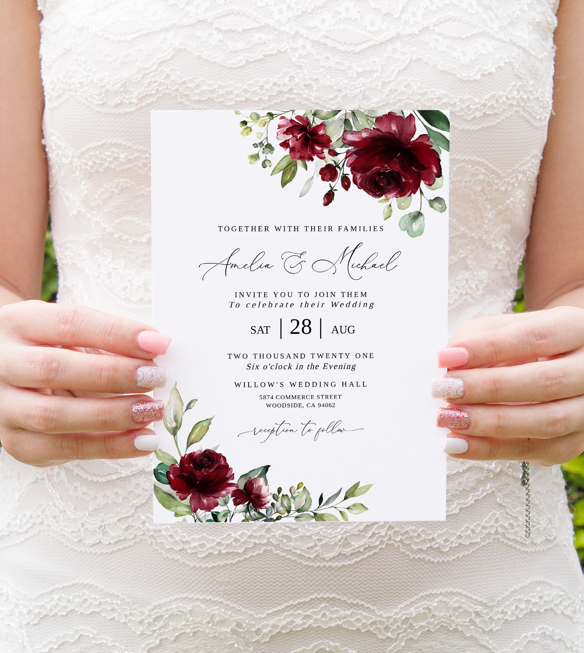 burgundy-floral-wedding-invitation-dark-red-wedding-invitation-template-boho-wedding-invitation-marsala-invitation-templett-b35-etsy