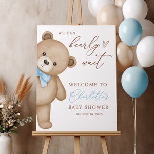 Teddybär-Baby-Dusche-Willkommensschild, Wir können Bär-Thema-Babyparty warten, Jungen-Babyparty-Willkommensschild, B215