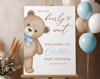 Teddy Bear Baby Boy Shower Welcome Sign, We Can Bearly Wait Bear Theme Baby Shower, Boys Baby Shower Welcome Sign, B215
