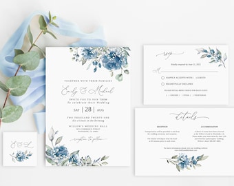 May include: Wedding invitation suite with blue floral designs. The invitation card features the names "Emily & Michael" and the wedding date "Sat | 28 | Aug Two Thousand Twenty One". The RSVP card includes options for "Happily Accepts with _ guests" or "Regretfully Declines". The details card provides information about the reception and accommodation.