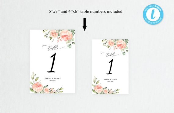 Peach Wedding Table Numbers, Peach Table Number Template, Seating