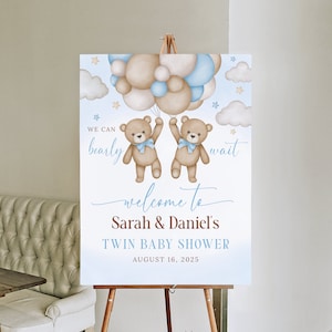 Teddybär Zwillingsjungen-Babyparty-Willkommensschild, Blaues Babyparty-Schild, Zwillings-Babyparty-Willkommen, wir können Bären warten, Ballons-Zeichen, B175