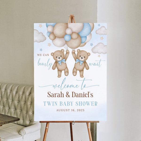 Teddy Bear Twin Boys Baby Shower Welcome Sign, Blue Baby Shower Sign, Twins Baby Shower Welcome, We Can Bearly Wait, Balloons Sign, B175