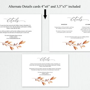 K&ouml;nnte beinhalten: Zwei verschiedene Gr&ouml;&szlig;en von Hochzeitseinladungskarten mit einer Aquarell-Illustration von Herbstbl&auml;ttern in Orange und Braun. Der Text auf den Karten lautet "Details" und enth&auml;lt Informationen &uuml;ber die Hochzeitsfeier, die Unterkunft und den Transport.