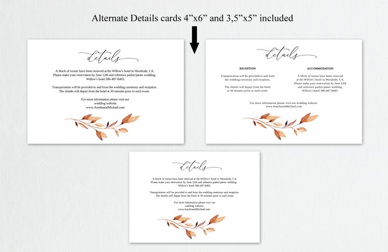 K&ouml;nnte beinhalten: Zwei verschiedene Gr&ouml;&szlig;en von Hochzeitseinladungskarten mit einer Aquarell-Illustration von Herbstbl&auml;ttern in Orange und Braun. Der Text auf den Karten lautet "Details" und enth&auml;lt Informationen &uuml;ber die Hochzeitsfeier, die Unterkunft und den Transport.