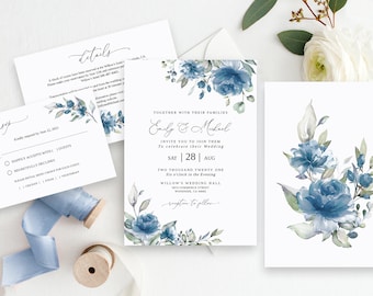 May include: A collection of wedding stationery featuring a floral design in shades of blue and green. The set includes an invitation, RSVP card, details card, and a card with a floral illustration. The invitation text reads "Emily & Michael" and the date.