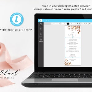 May include: A laptop screen displaying a wedding menu template with a watercolour design of leaves and branches in shades of brown and beige. The text "Menu" is written in a cursive font. The template is editable and can be customised with text and images.