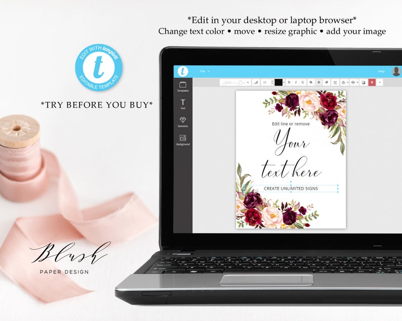 Peut inclure: Un ordinateur portable affiche un mod&egrave;le de signe personnalisable. Le signe pr&eacute;sente des accents floraux bordeaux, blush et verts. Le texte sur le signe indique "Your text here" et "Create unlimited signs". Un ruban rose est visible.