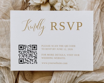 Nowoczesny ślubny kod RSVP Qr, szablon kodu QR, minimalistyczny złoty RSVP z kodem QR, karta RSVP online, B100
