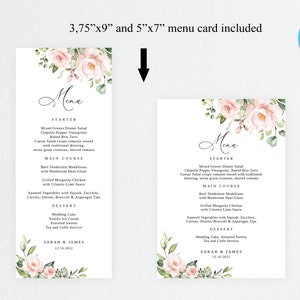 May include: Two printable wedding menu cards featuring a floral design. The cards are in a light pink and green colour scheme with a watercolour effect. The text on the cards reads "Menu" and lists the starter, main course, and dessert options. The cards are available in two sizes: 3.75 inches by 9 inches and 5 inches by 7 inches.