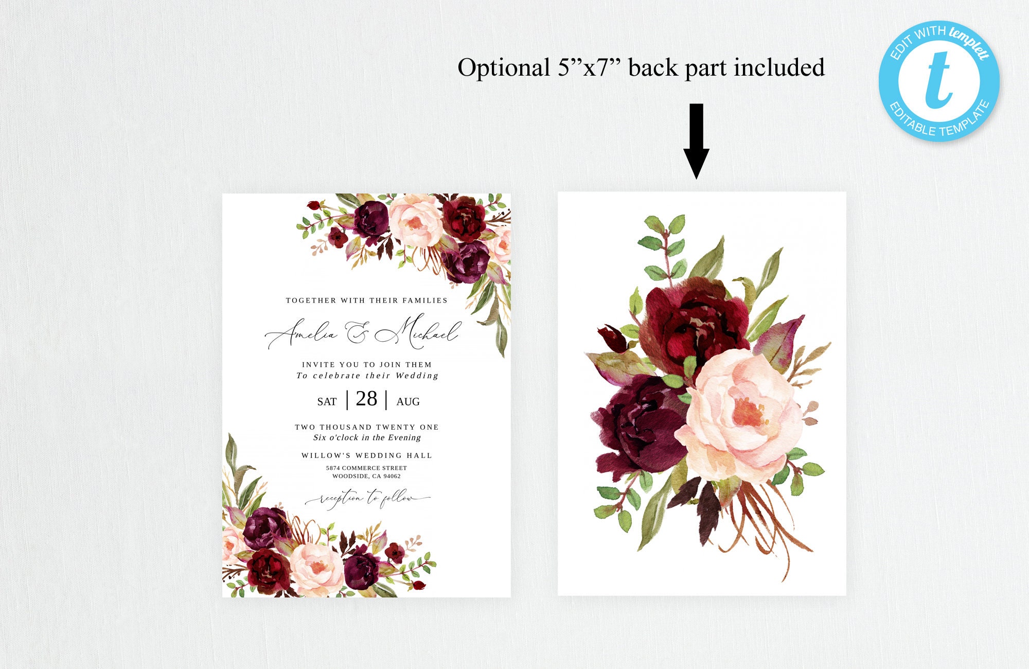Burgundy Wedding Invitation Template Marsala Wedding Etsy