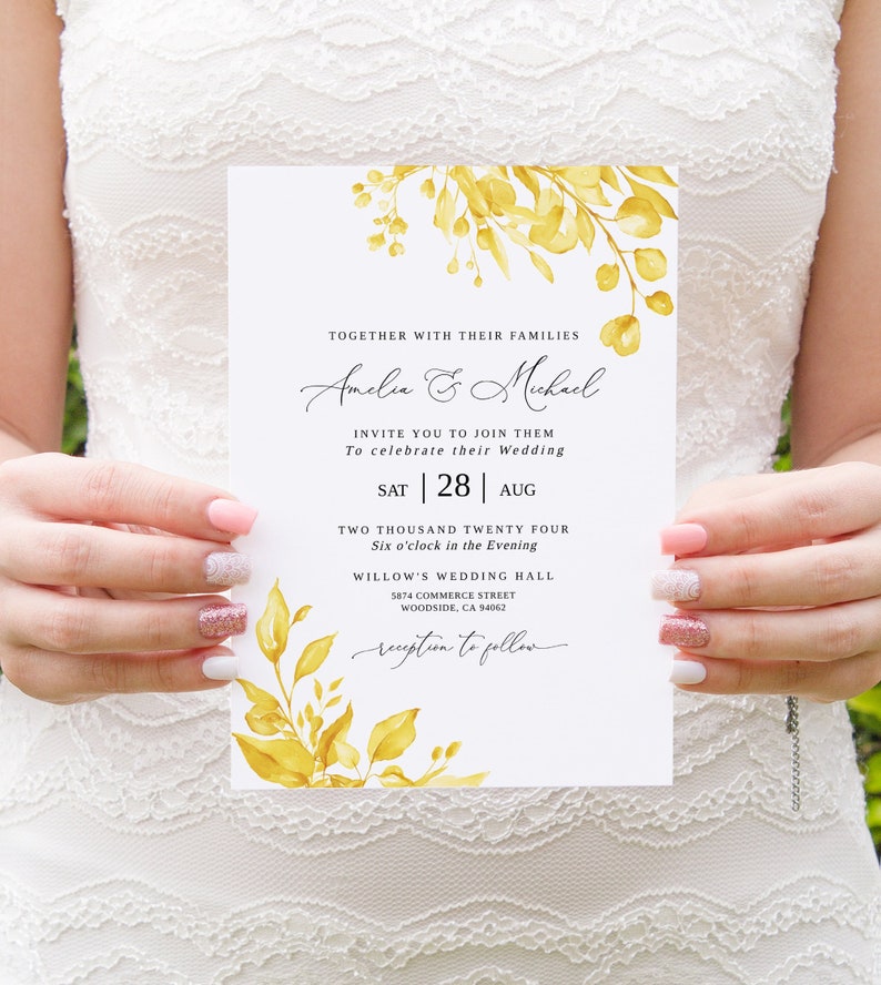 Watercolor Yellow Wedding Invitation Template, Yellow Invitation, Templett, #B154 image 1