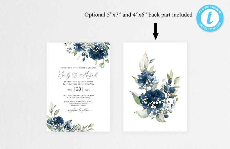 Navy and Baby's Breath Wedding Invitation Template Blue Etsy