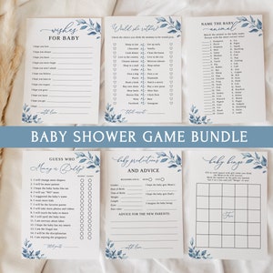 Stoffige blauwe baby shower spelbundel, 16 baby shower spellen en kaarten, baby boy shower games bundel, bewerkbare game pack, B63