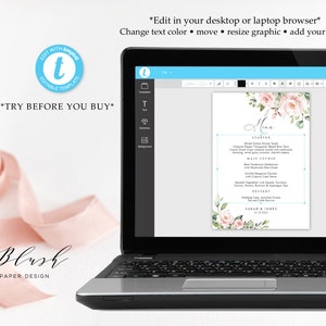 May include: A laptop screen displaying a wedding menu template with a floral design. The menu includes starter, main course, dessert, and wedding details. The text on the screen reads "Menu", "Starter", "Main Course", "Dessert", "Sarah & James", and "12.10.2023".