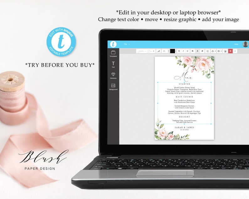 May include: A laptop screen displaying a wedding menu template with a floral design. The menu includes starter, main course, dessert, and wedding details. The text on the screen reads "Menu", "Starter", "Main Course", "Dessert", "Sarah & James", and "12.10.2023".