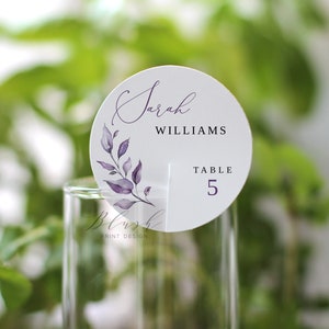 Dusty Purple Champagne Place Cards, Round Place Card Template, Circle Seating Cards, Wedding Name Card, Circle Name Cards, Templett, #B64