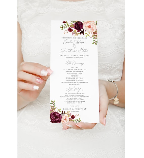 Burgundy Wedding Program Template, Marsala and Blush Wedding Program, Floral Wedding Program Printable, Boho Wedding Program, Templett, #B82