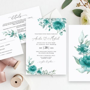 Teal Wedding Invitation Template, Turquoise Invitation, Editable Template, Floral Wedding Invitation, Teal Invitation, Templett, #B143