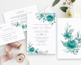 Teal Wedding Invitation Template, Turquoise Invitation, Editable Template, Floral Wedding Invitation, Teal Invitation, Templett, #B143