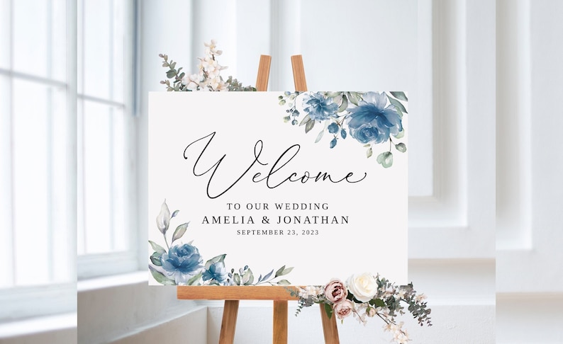 Dusty Blue Wedding Welcome Sign Template Blue Floral Wedding image 1