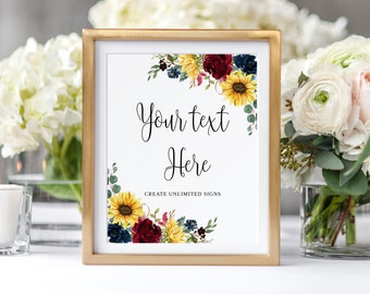 Sunflower Wedding Sign Template, Edit Yourself, Custom Wedding Sign, Printable Signs, Editable Wedding Sign, Templett, #B14