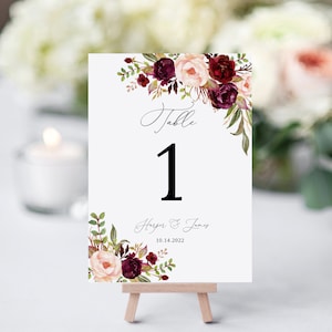Numeri da tavolo per matrimoni bordeaux, modello numero tavolo marsala, biglietto da visita, numeri da tavolo modificabili, matrimonio blush bordeaux, Templett, #B82