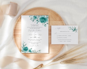 Teal Wedding Invite, Turquoise Invitation, Editable Template, Floral Wedding Invitation, Teal Invitation, Templett, #B143