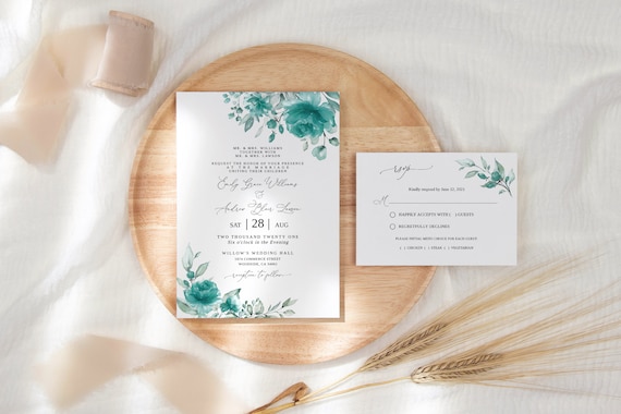 Teal Wedding Invite, Turquoise Invitation, Editable Template